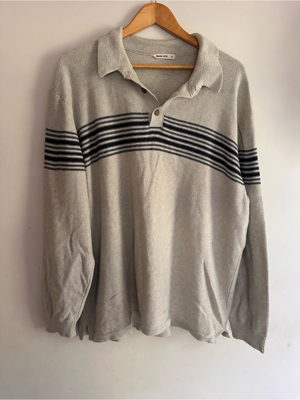 Marine Layer Beige and Navy Long-Sleeve Polo with Stripes XL